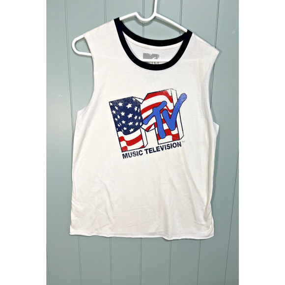 unbranded Other - MTV Music Television Tank Top Mens XL White Ringer USA Flag Logo Graphic Shirt